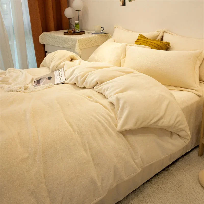 A beige cozy flannel duvet cover with a zipper displayed on a bed.