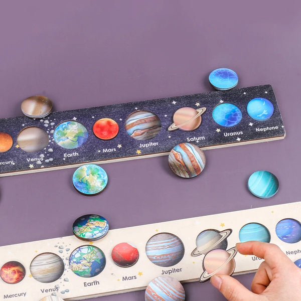 A wooden solar system puzzle featuring planets like Mercury, Venus, Earth, Mars, Jupiter, Saturn, Uranus, and Neptune.