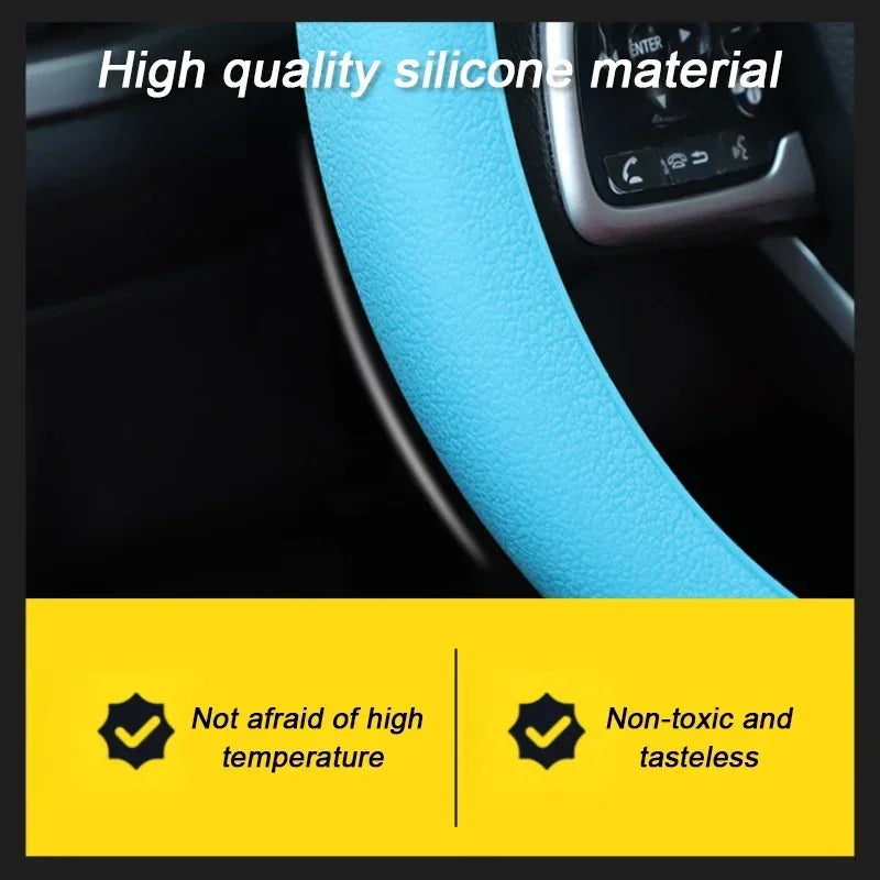 Close-up of a light blue silicone steering wheel cover material showing its texture and quality.