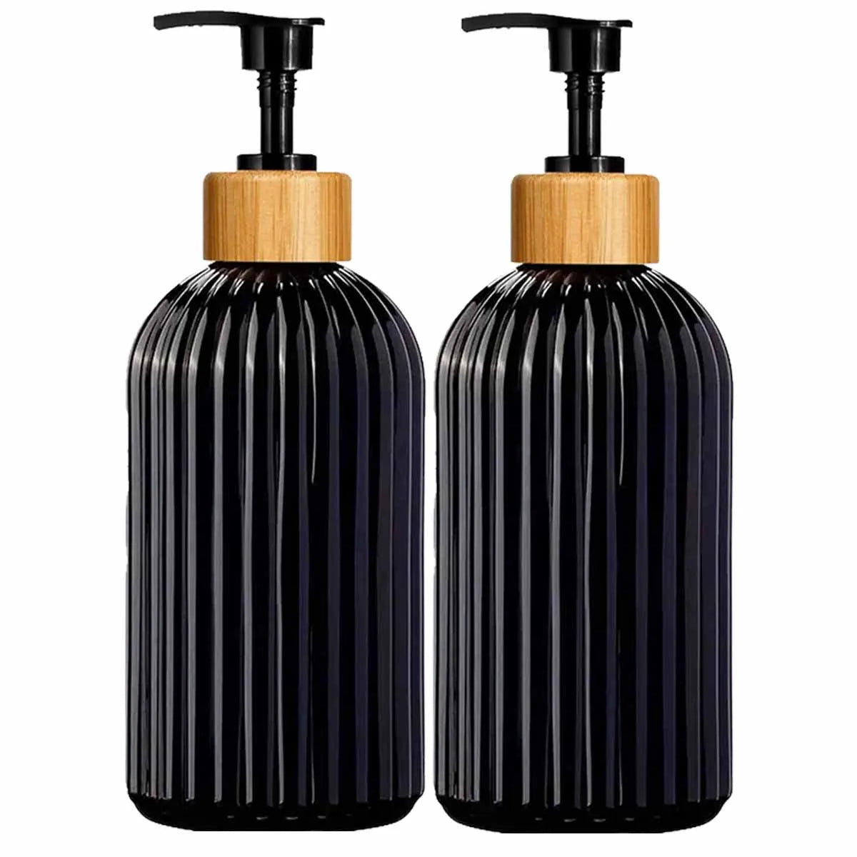 A pair of black glass and wood refillable soap dispensers.