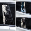 Two decals featuring black and white running horses applied to car B-pillars.