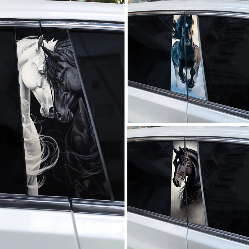 Two decals featuring black and white running horses applied to car B-pillars.