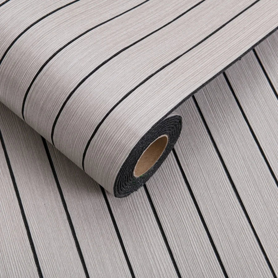 Roll of gray and white striped 3D grille pattern peel-and-stick wallpaper
