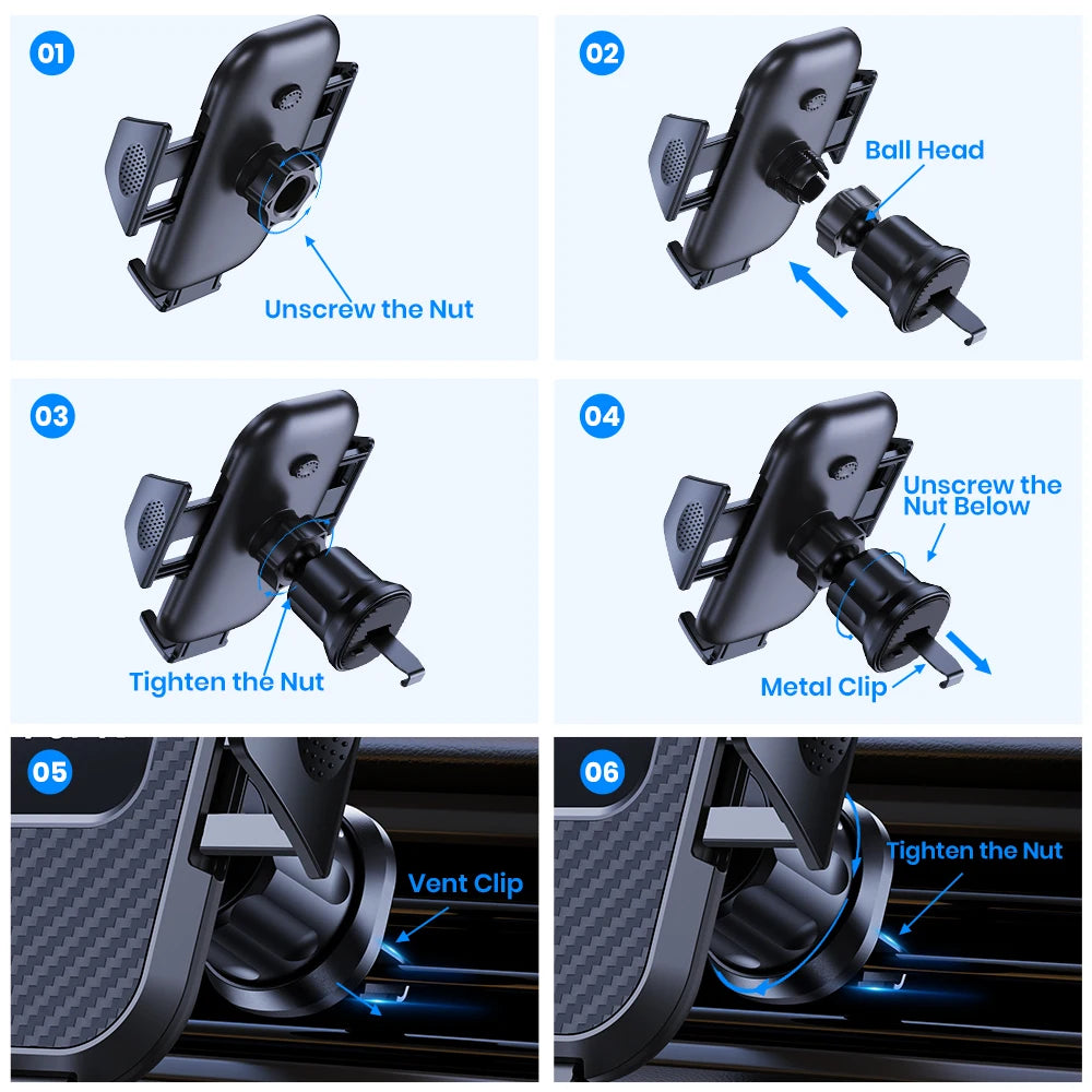 Step-by-step instructions showing how to install a stable car phone mount with a ball head and vent clip.
