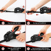 Step-by-step instructions showing how to use and operate an auto-retractable ratchet tie-down strap.