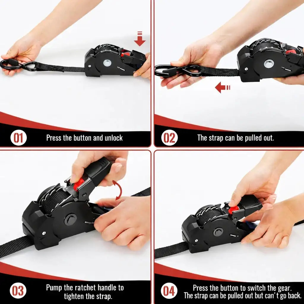 Step-by-step instructions showing how to use and operate an auto-retractable ratchet tie-down strap.