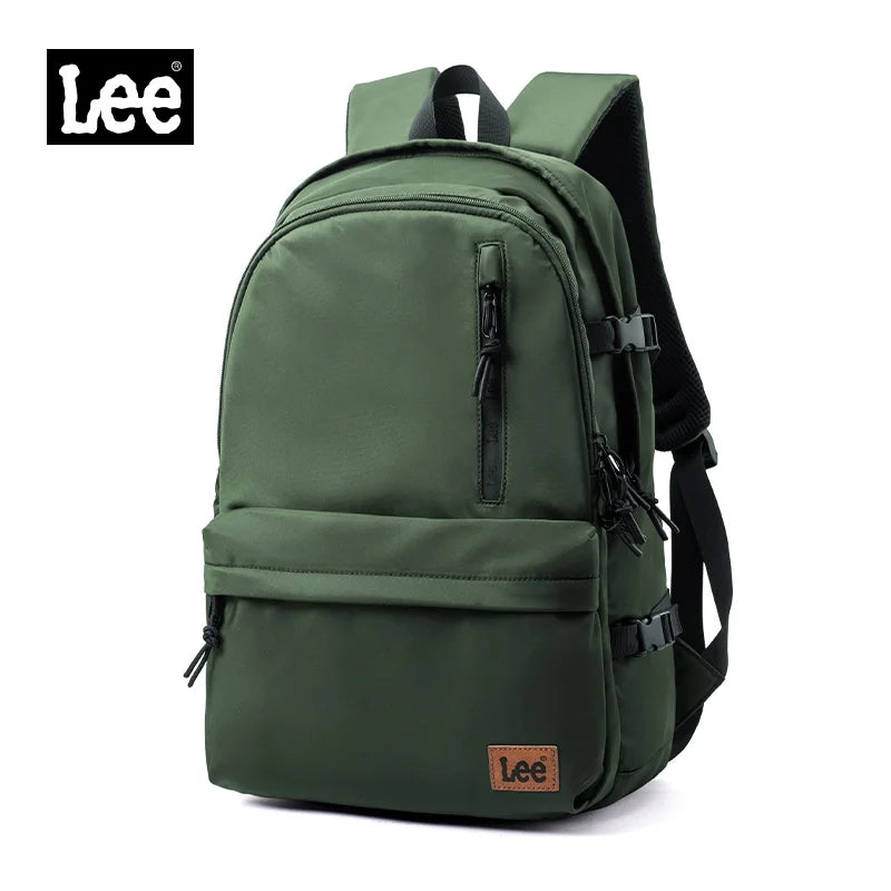 Olive green Lee ultralight water-resistant laptop backpack shown from the back.