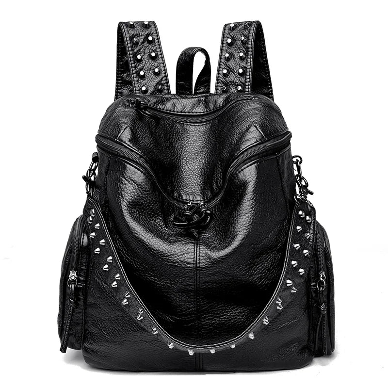 Black soft leather backpack with silver rivets and decorative studs