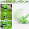 A green cordless electric lawn mower and string trimmer head with a 90-degree adjustable angle for trimming, mowing, and hedg