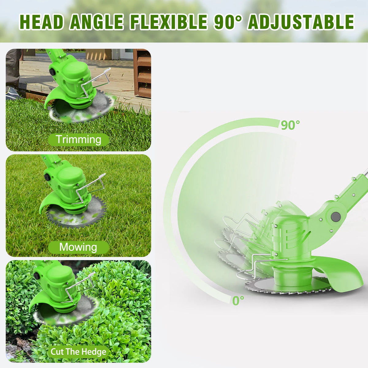 A green cordless electric lawn mower and string trimmer head with a 90-degree adjustable angle for trimming, mowing, and hedg