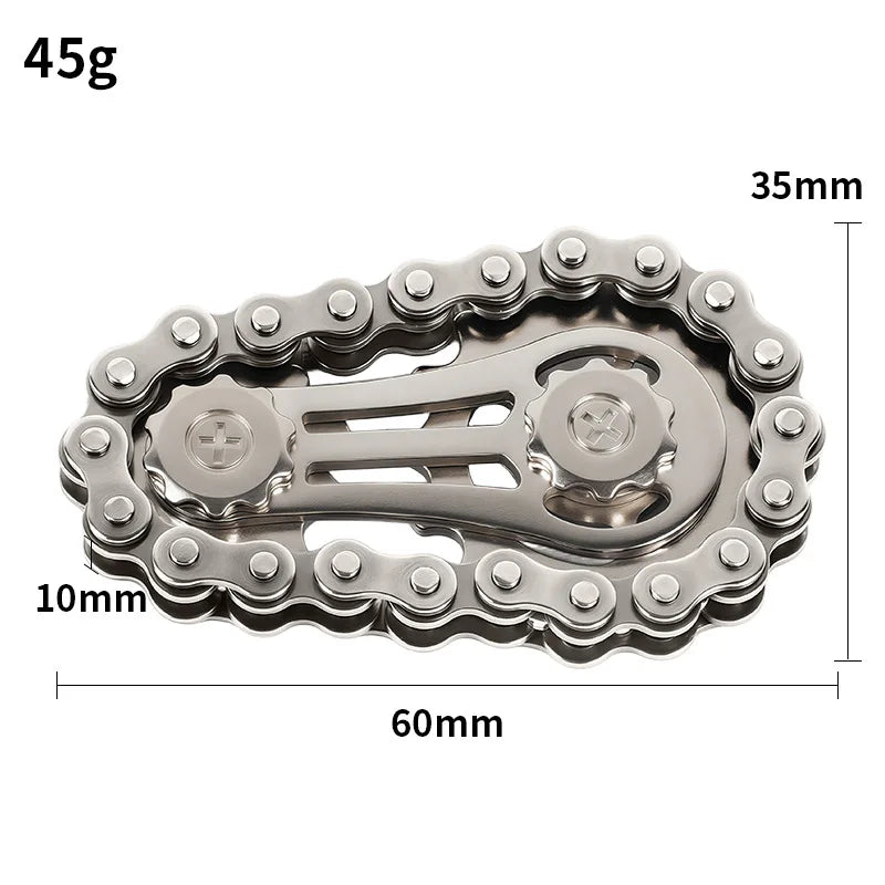 Silver alloy sprocket fidget spinner with 35mm diameter and 60mm length.