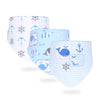 A set of three light blue and white soft cotton baby bibs featuring various cartoon sea life and nautical prints.