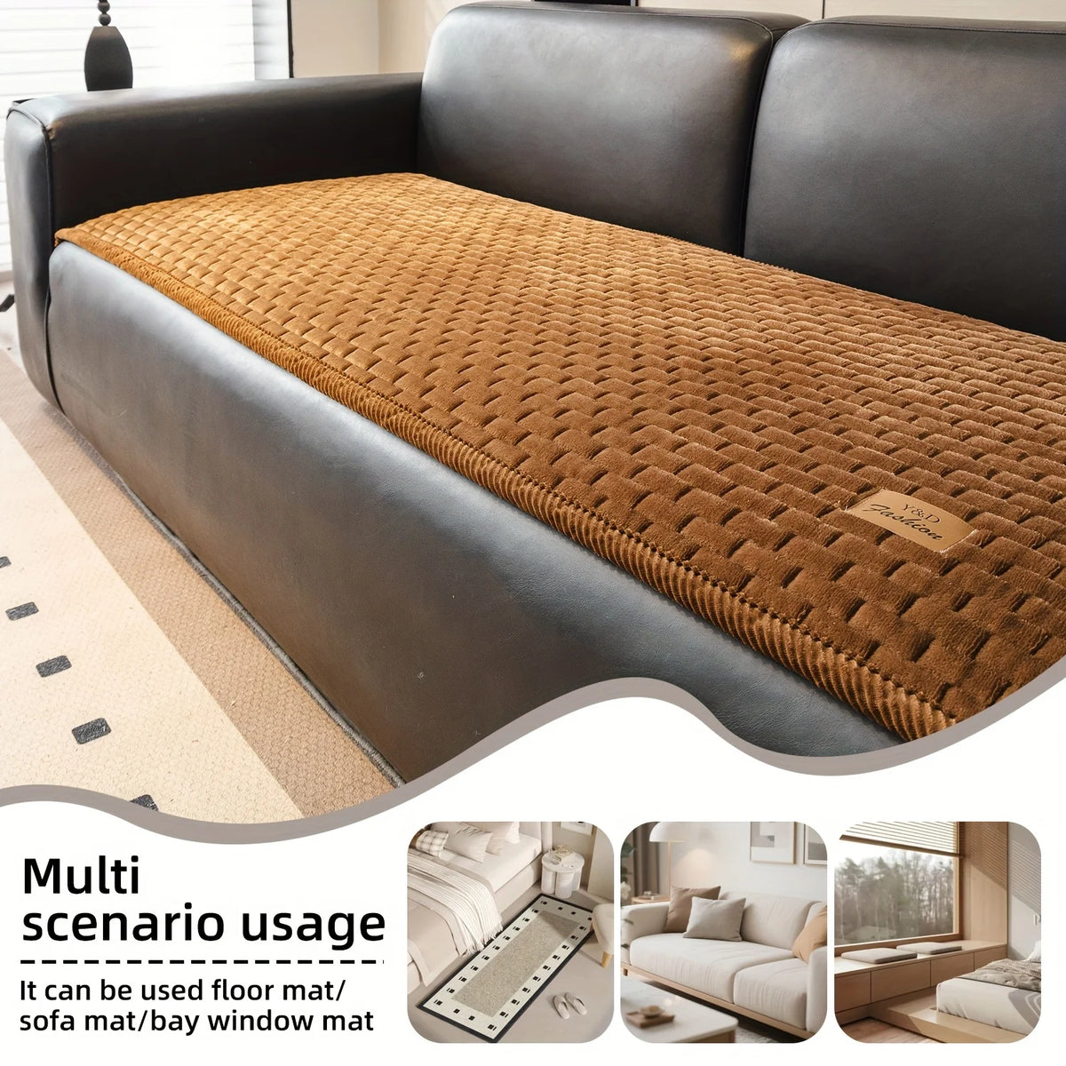 A brown quilted plush sofa cover with a non-slip mat is shown on a dark leather sofa.