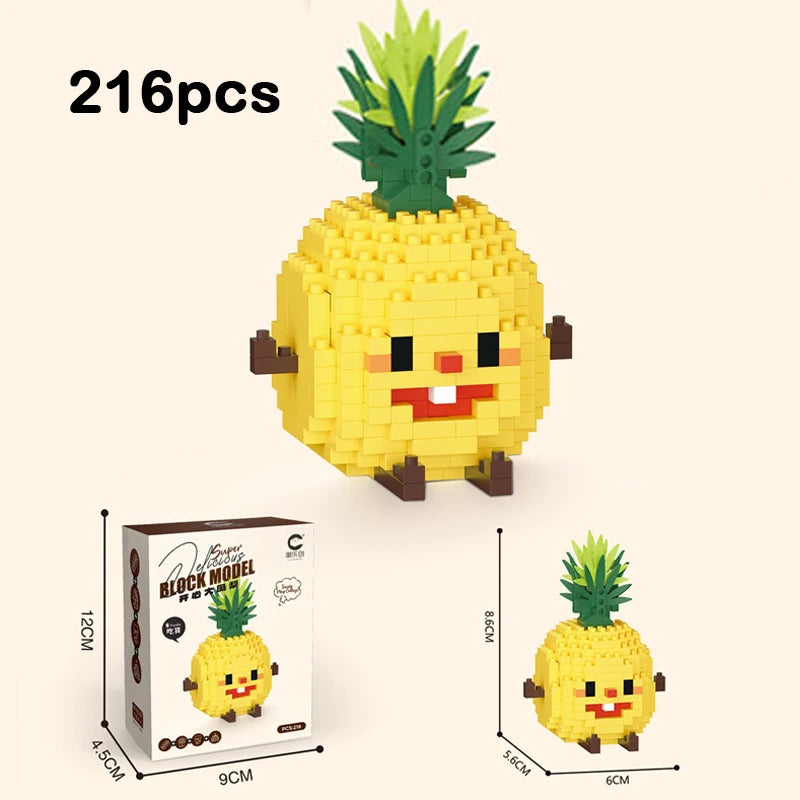 A set of 216 yellow micro building blocks forming a pineapple dessert figurine with a smiling face.