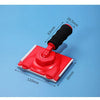 A red latex paint edger brush with a black handle is shown against a blue background.