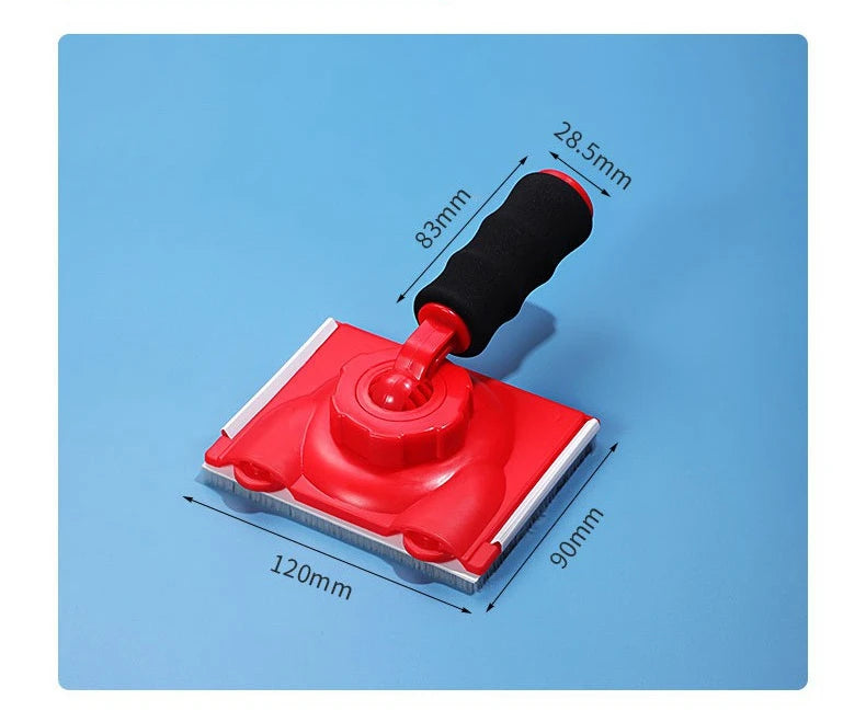 A red latex paint edger brush with a black handle is shown against a blue background.