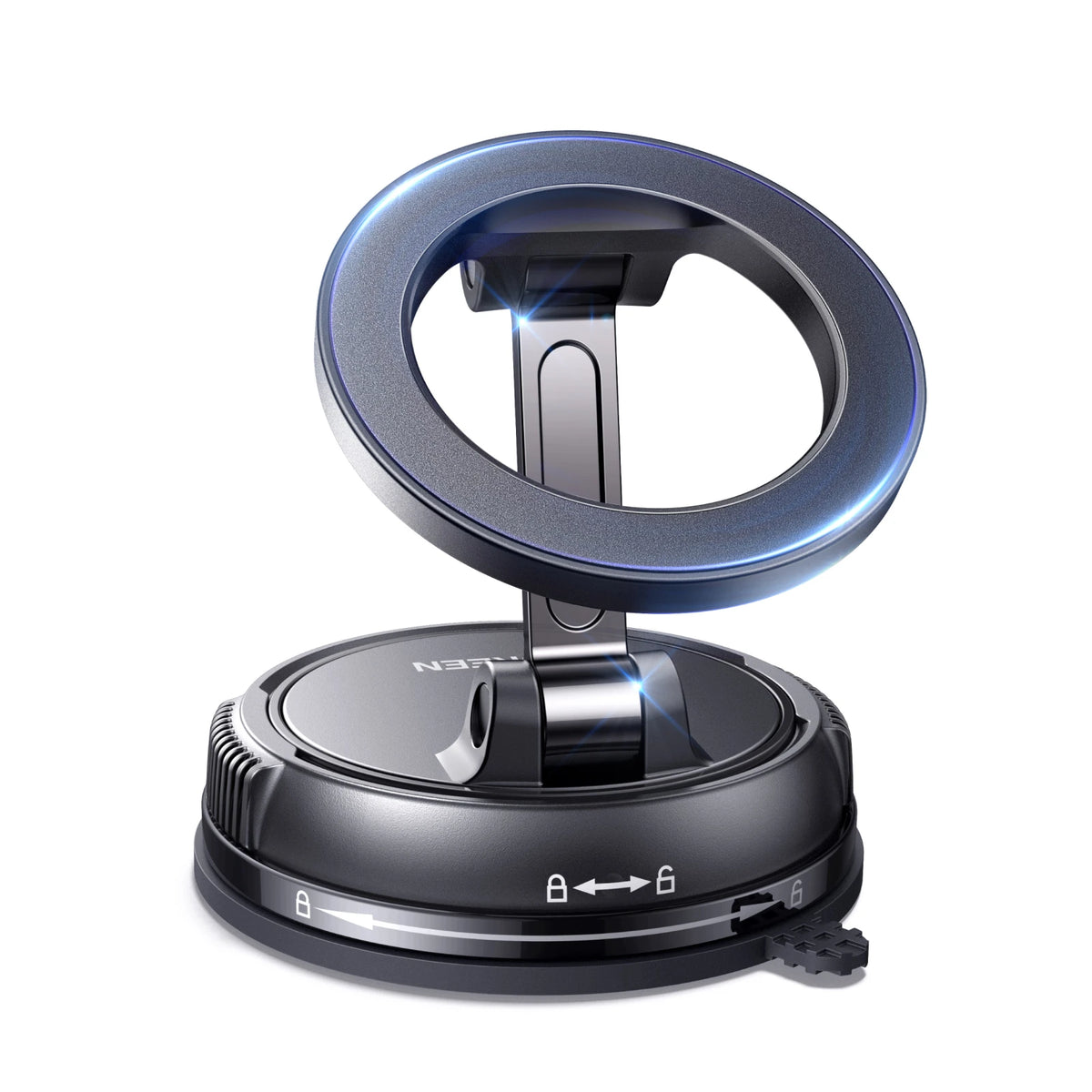 A black magnetic car phone mount with a blue rotating ring and a dashboard suction cup.