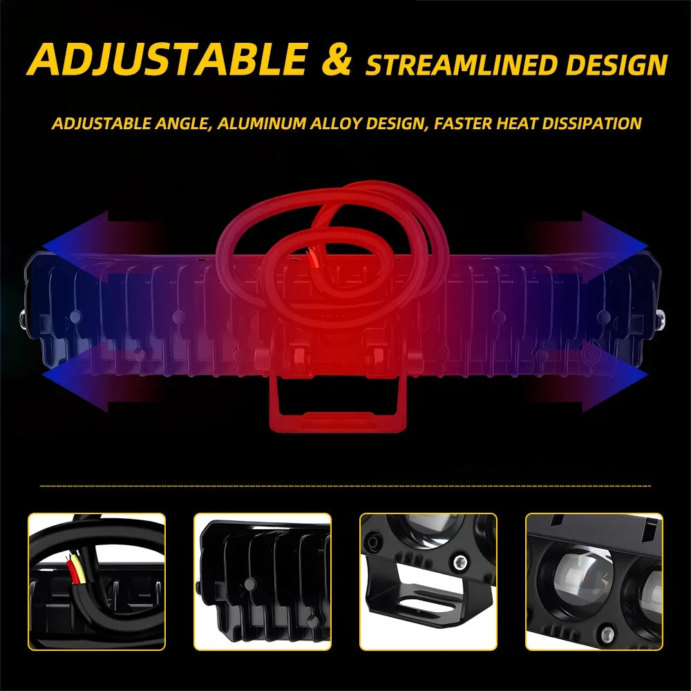 Adjustable and streamlined aluminum alloy LED spotlight headlight design with various views.