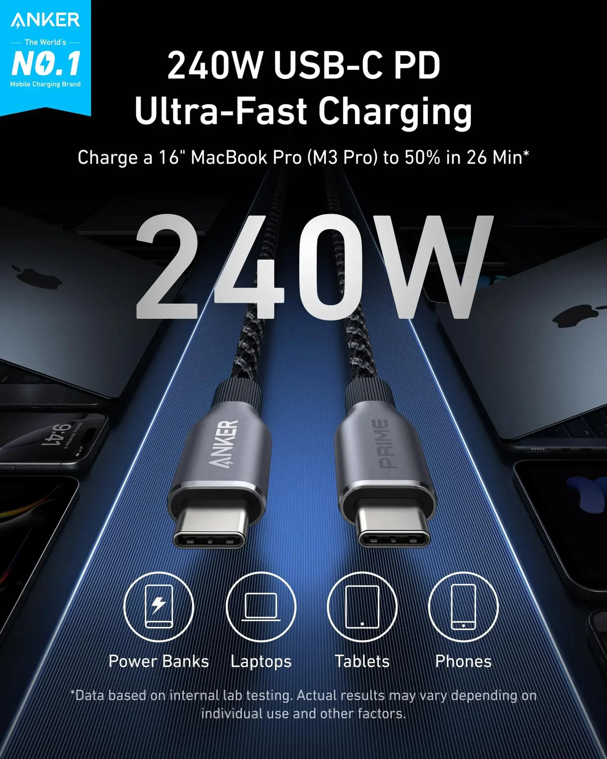 240W USB-C to USB-C Fast Charging Cable (3ft, Braided Nylon)