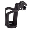 Black 2-in-1 stroller cup holder and phone mount with a clamp mechanism