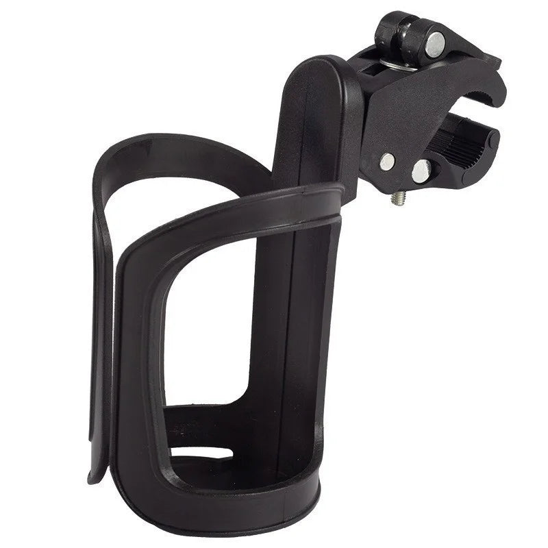 Black 2-in-1 stroller cup holder and phone mount with a clamp mechanism