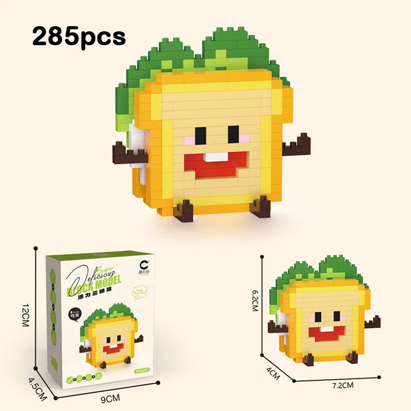 A set of 285 small building blocks forming a cute figurine of a smiling avocado toast face.