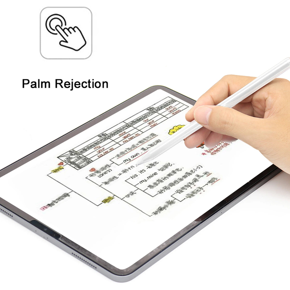 A hand is using a stylus pen on an iPad screen, demonstrating palm rejection technology.