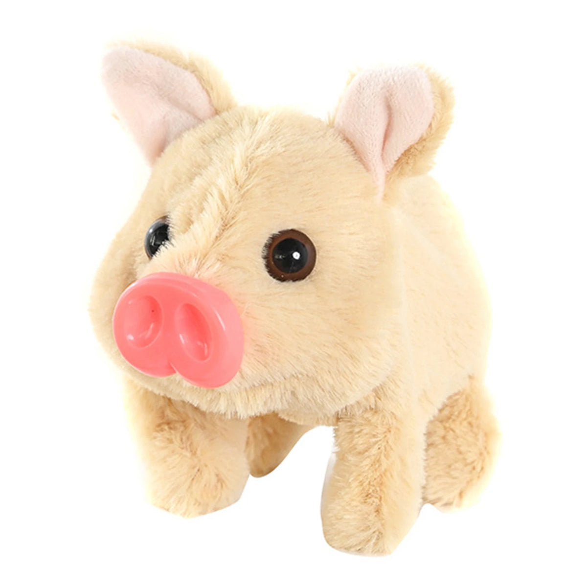 A light beige plush toy shaped like a pig with pink features and floppy ears.