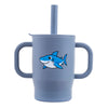 A light blue silicone training cup with a straw and handles featuring a blue fish design.