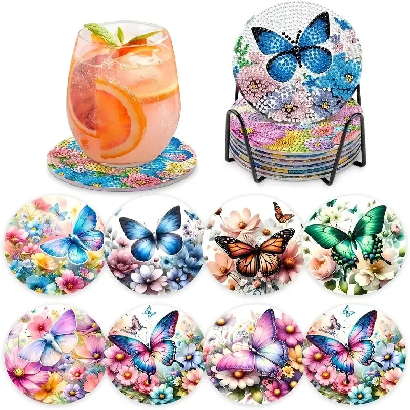 A collection of eight ocean-themed diamond art coasters and a holder kit featuring various floral and sea life designs.