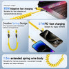 A yellow spring charging cable with a USB-C connector is shown next to a laptop and a smartphone.