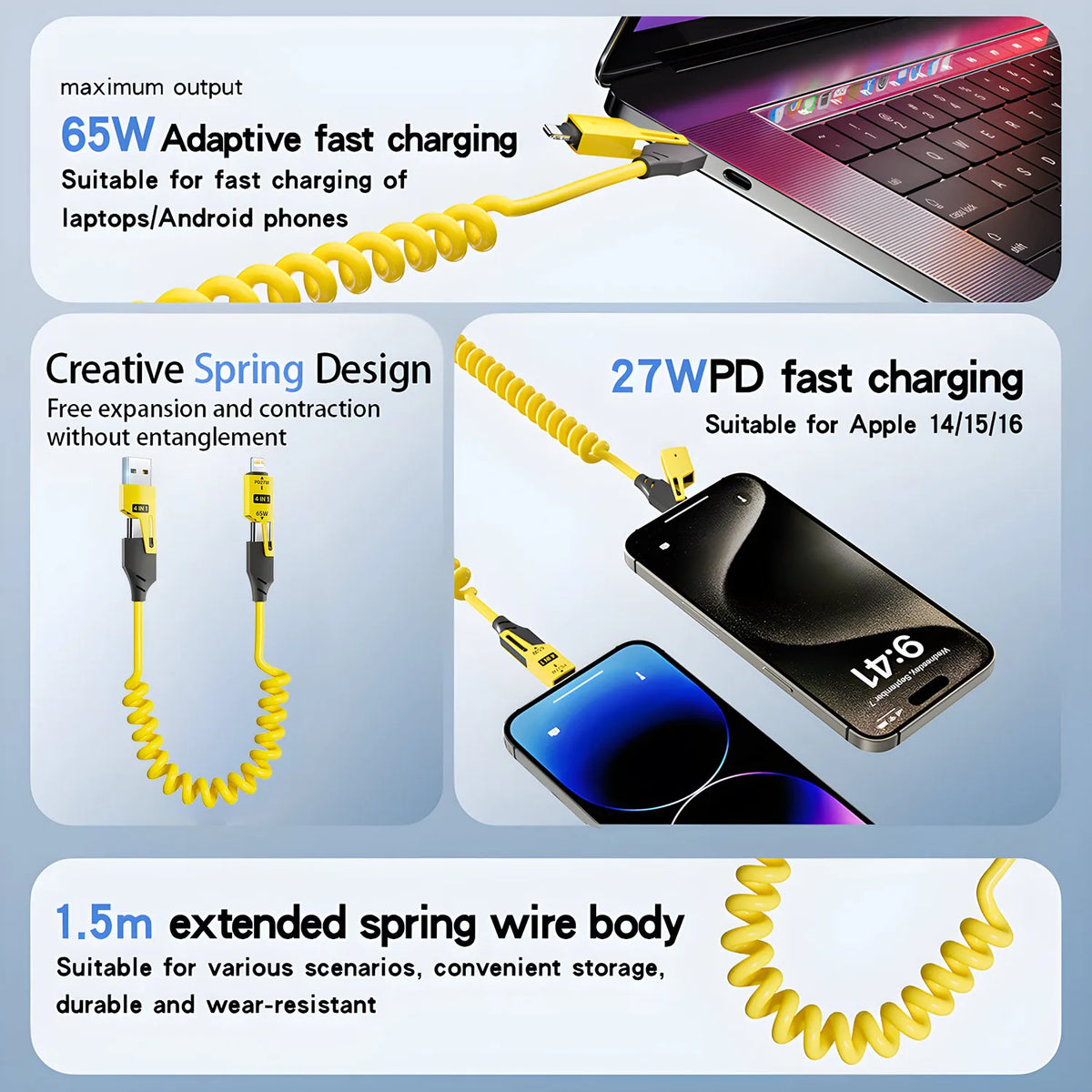 A yellow spring charging cable with a USB-C connector is shown next to a laptop and a smartphone.