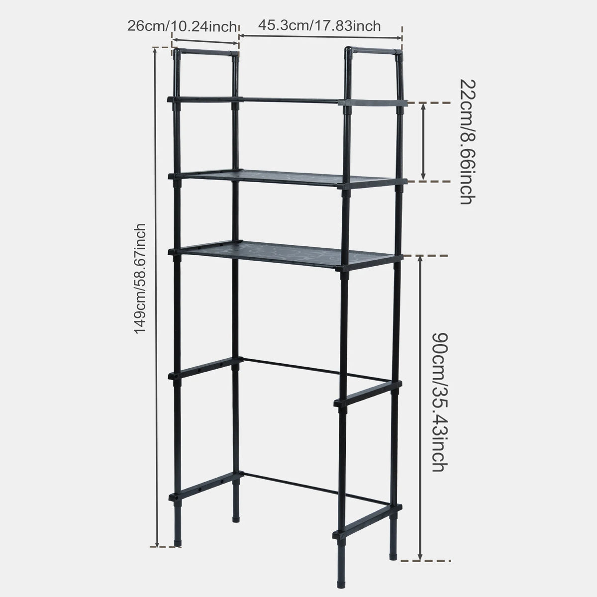 A black 3-tier over-the-toilet storage rack with hooks and adjustable height settings.