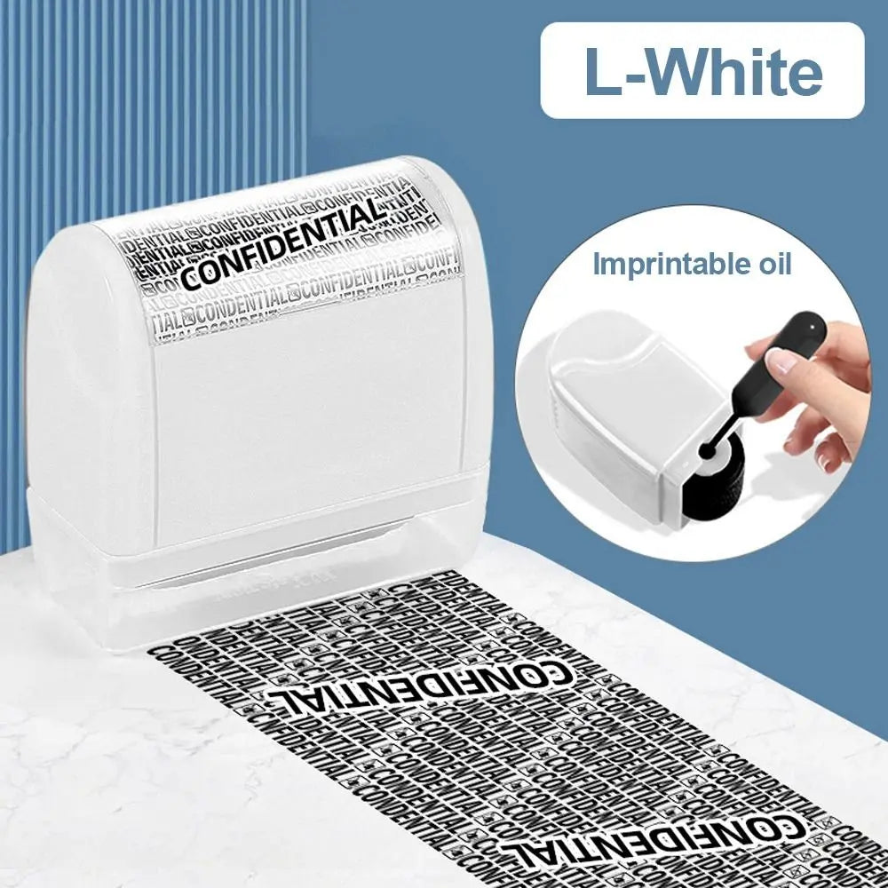 A white roller identity protection stamp with confidential text is shown on a marble surface.