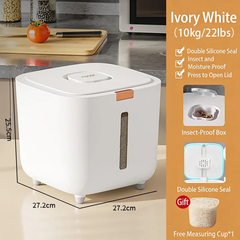 Airtight Rice Storage Container with Double Silicone Seal and Recessed Latch