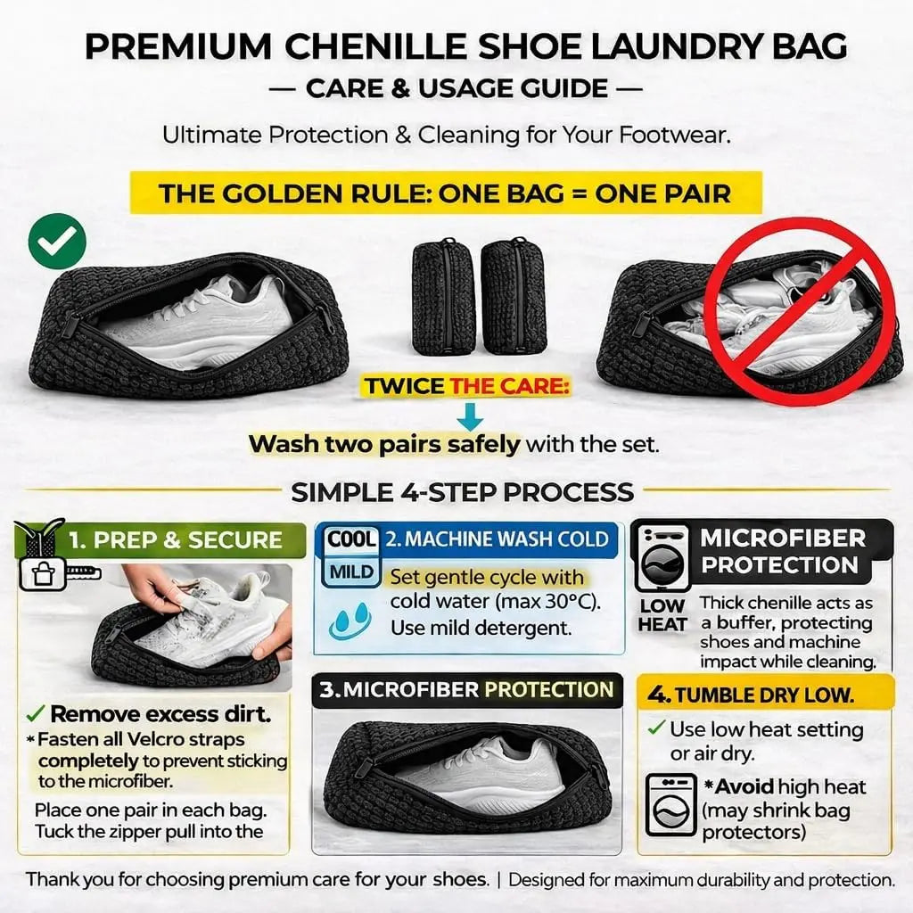 A set of premium chenille shoe laundry bags used for protecting and cleaning footwear.