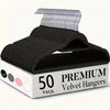 A box of 50 premium velvet hangers with a 360 degree swivel hook shown on a white background.