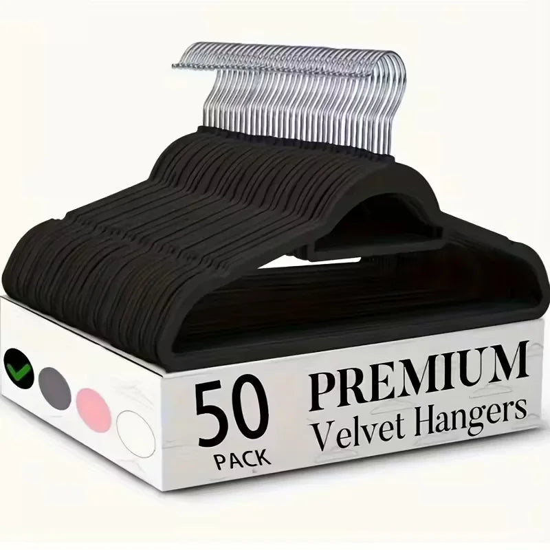A box of 50 premium velvet hangers with a 360 degree swivel hook shown on a white background.