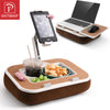 A 360° rotatable phone stand and lap desk setup featuring a tablet, laptop, mouse, and a glass of drink on a wooden tray.