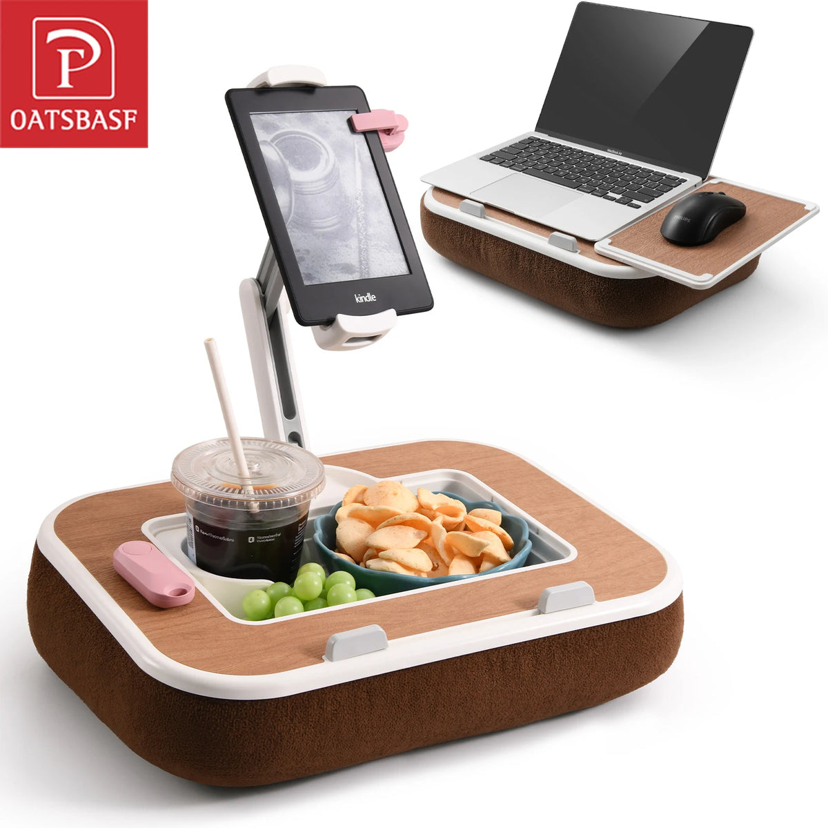 A 360° rotatable phone stand and lap desk setup featuring a tablet, laptop, mouse, and a glass of drink on a wooden tray.
