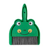 A green cartoon broom and dustpan set with a handle shaped like a frog and bristles.