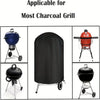 A black heavy-duty waterproof charcoal grill cover shown alongside various charcoal grills.