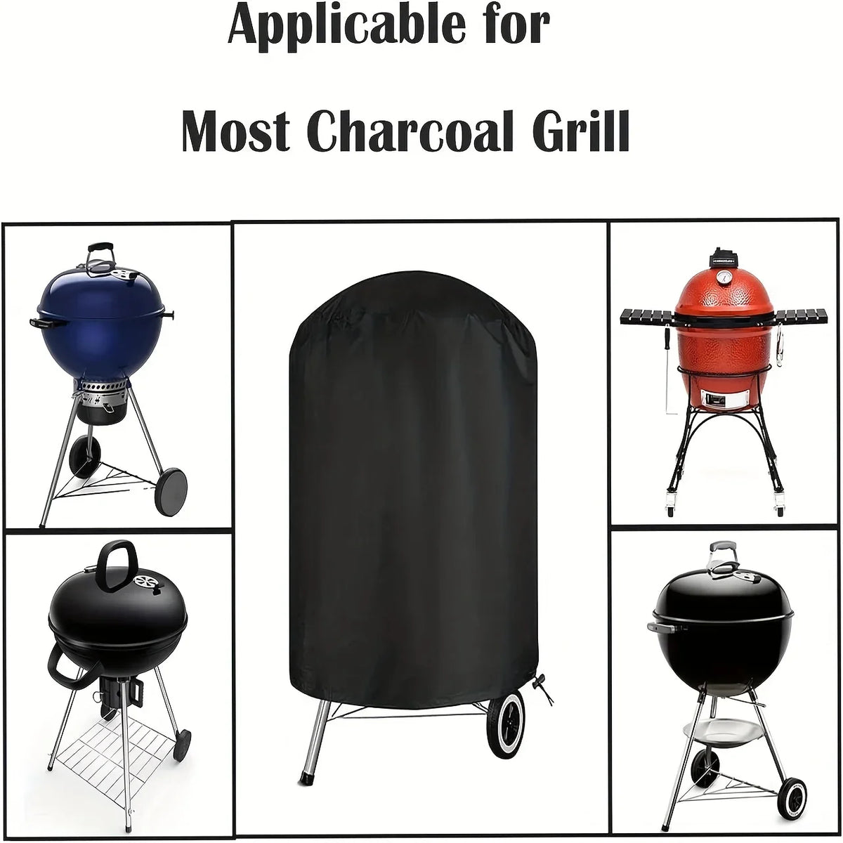 A black heavy-duty waterproof charcoal grill cover shown alongside various charcoal grills.