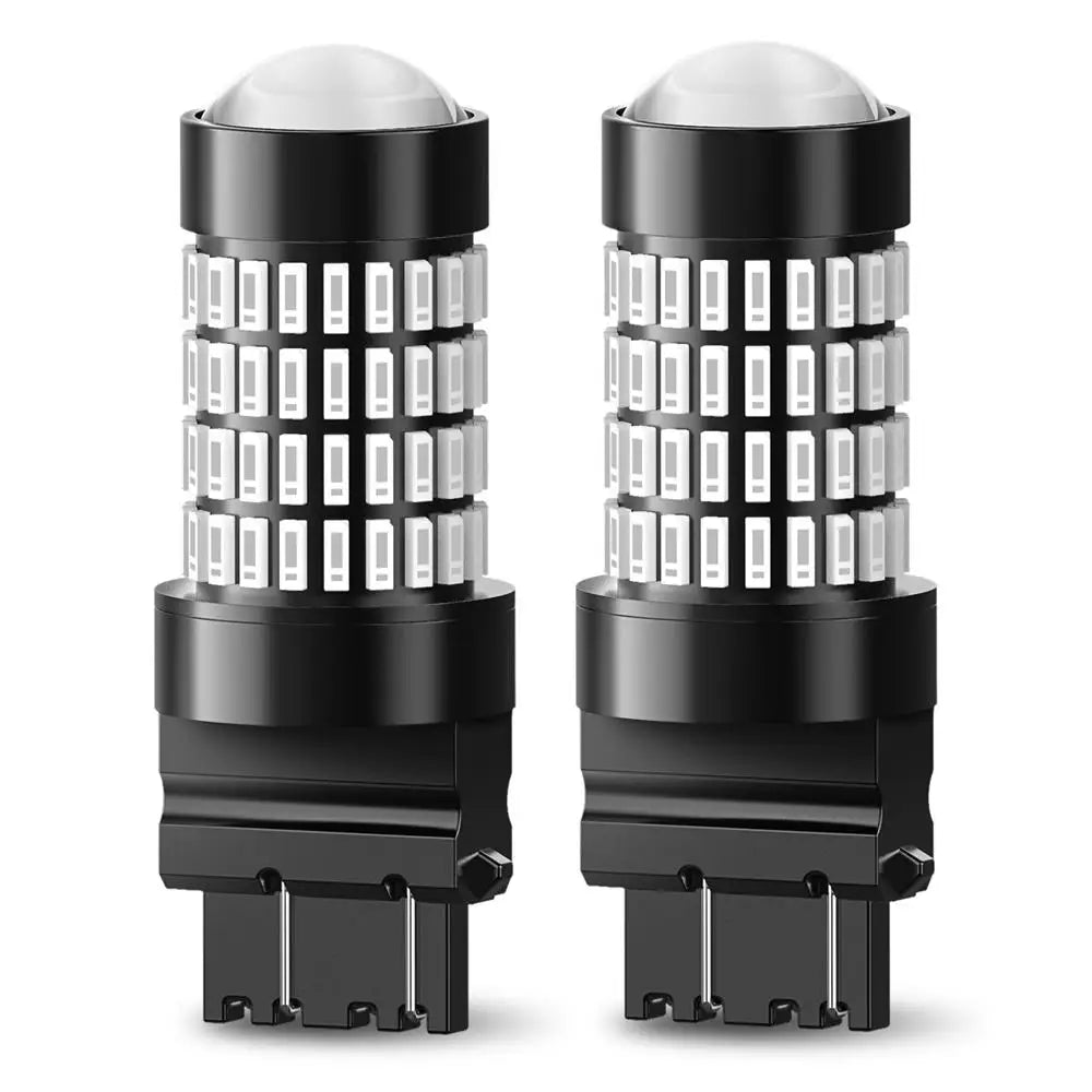 A pair of black LED bulbs for brake lights and turn signals, packaged in a clear plastic holder.