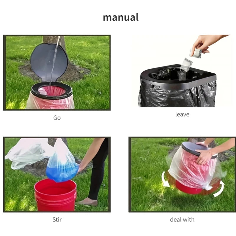 Demonstration of using portable toilet absorbent powder for cleaning and dealing with messes in the outdoors.