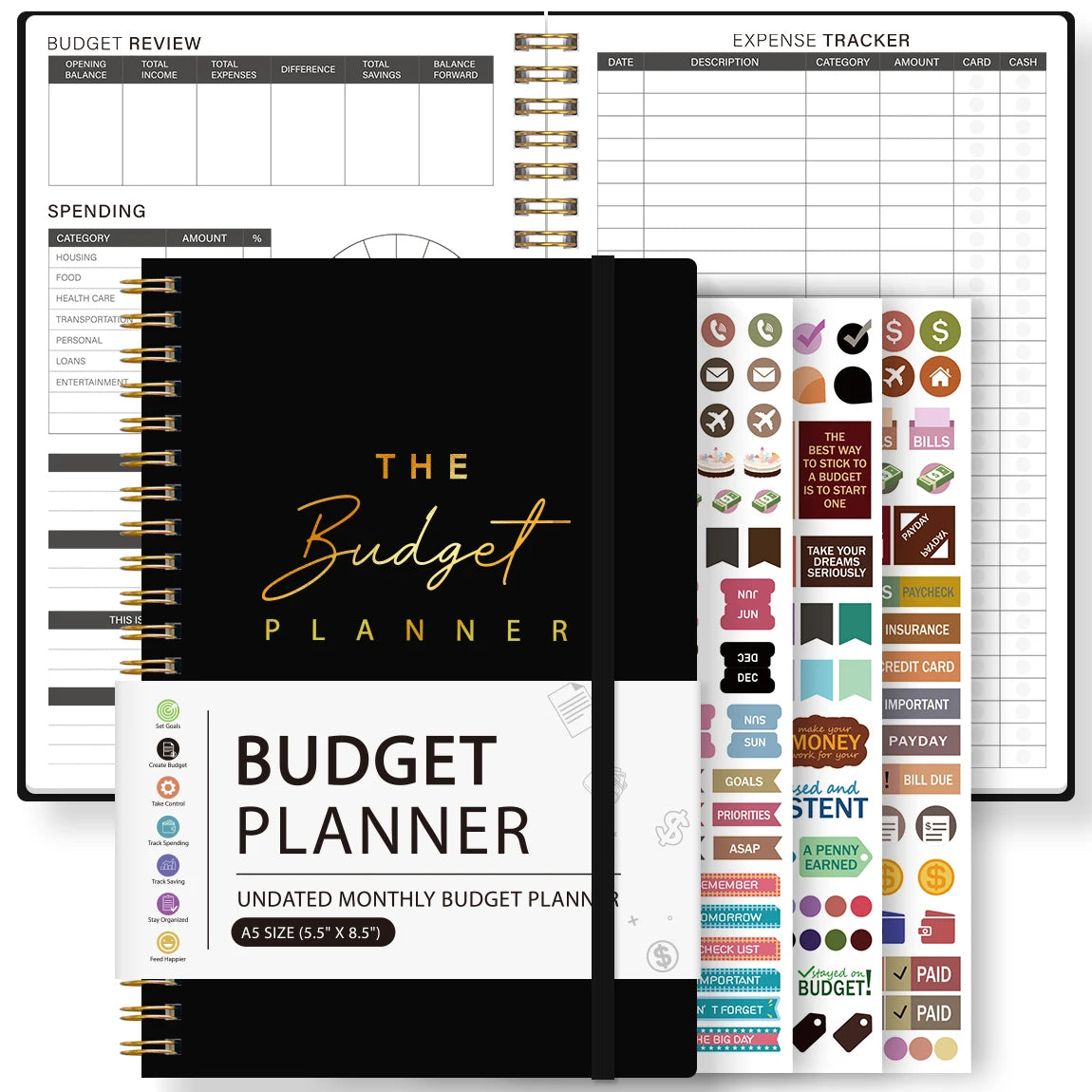 A5 weekly and monthly budget planner with stickers, spiral bound, for tracking expenses.