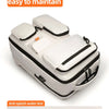 A white travel backpack with a laptop compartment is shown, demonstrating water repellency.