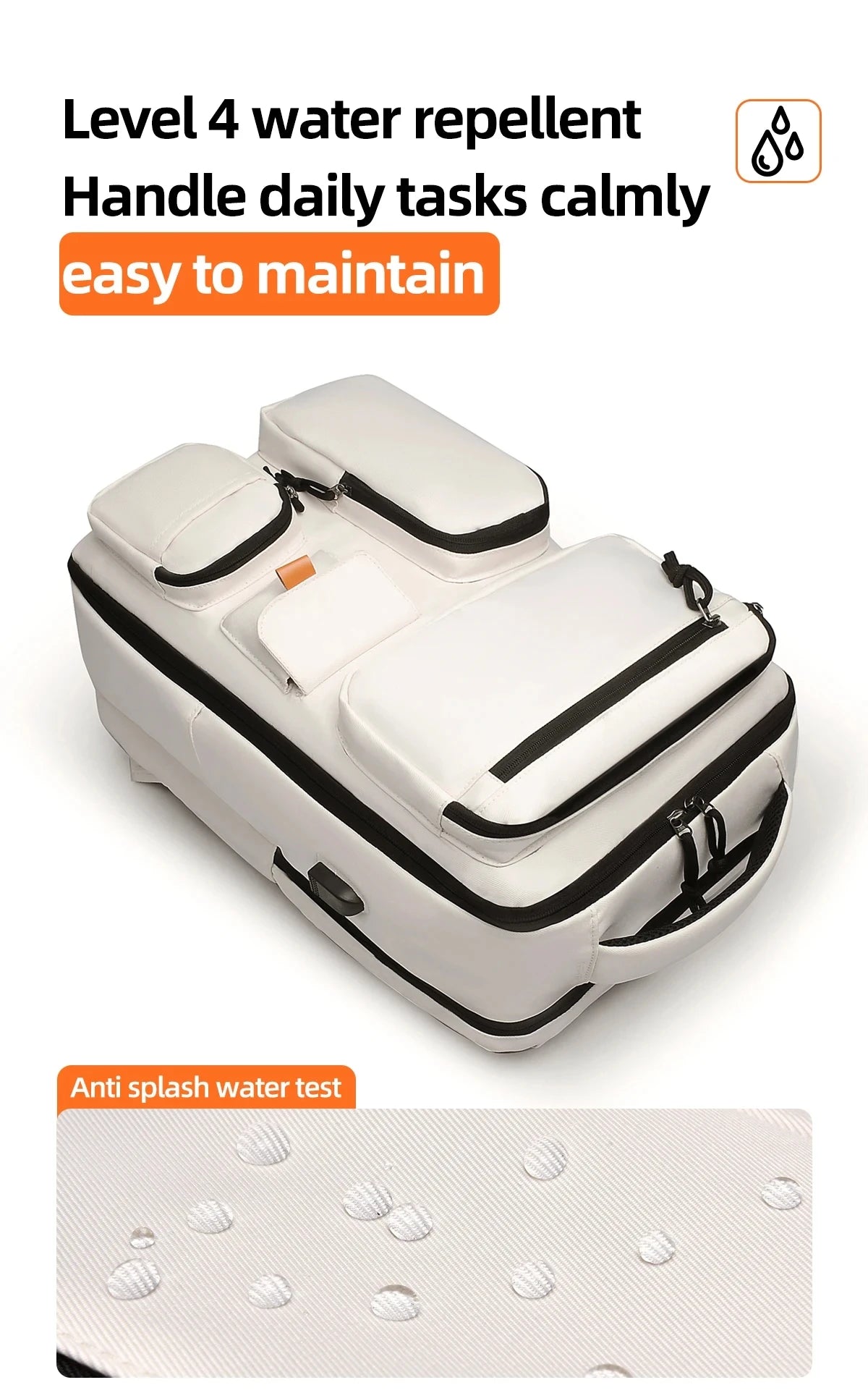 A white travel backpack with a laptop compartment is shown, demonstrating water repellency.