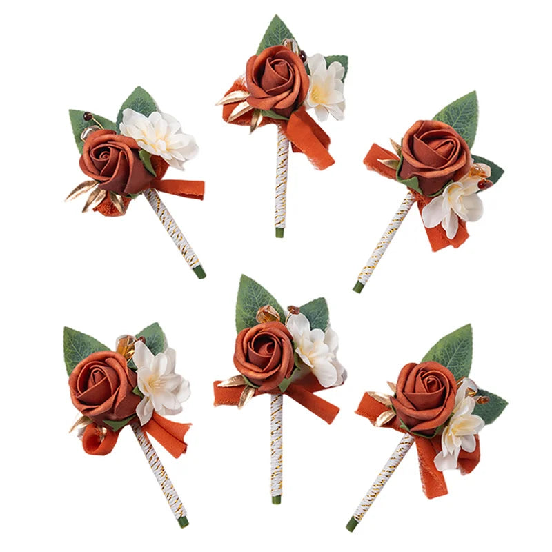 Burnt Orange Silk Boutonniere Set for Wedding Groom and Groomsmen