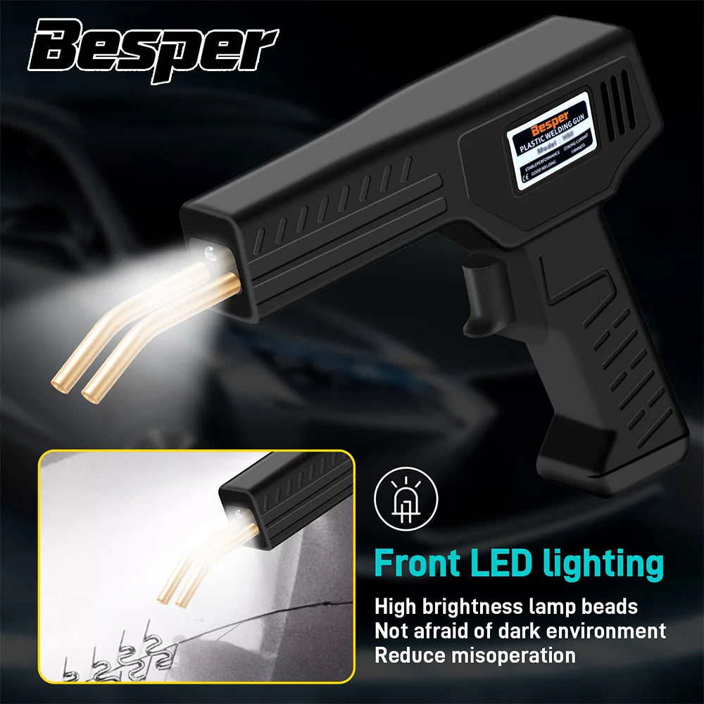 A black Besper plastic welding gun with front LED lighting and a hot stapler kit shown in use.